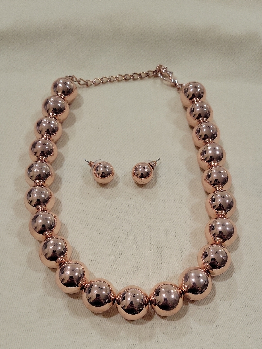 Rose Gold Beaded Necklace and Stud Earring Set - Women Jewelry